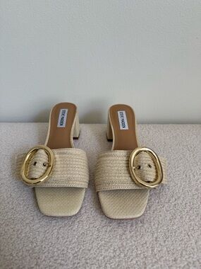 Steve Madden Cream Raffia Slide Mules with Gold Oval Buckles